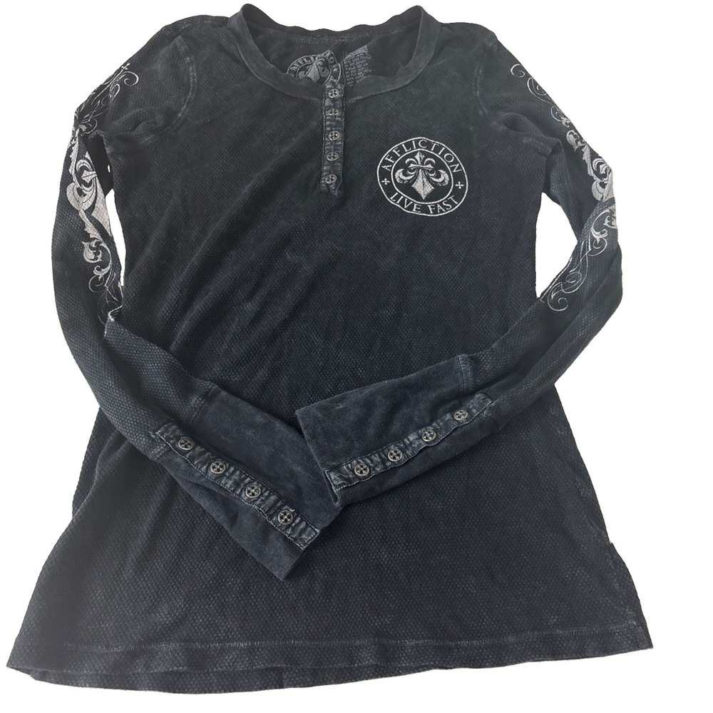 Affliction Women's L Henley Long Sleeve Top wings Graphic back hit tribal sleeve